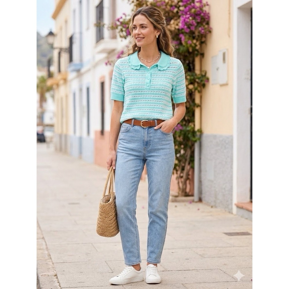 Ryegrass Aqua Blue Short-Sleeve Peter Pan Collar Cottagecore Granny Knit Top XXL